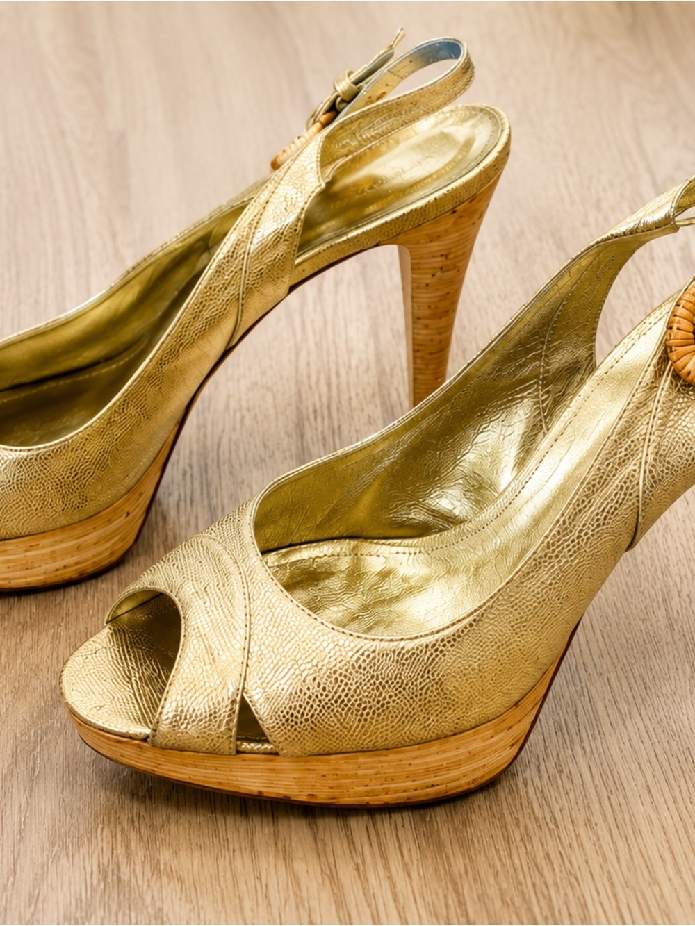 Sergio Rossi Metallic Gold Peep-Toe Platform Slingbacks